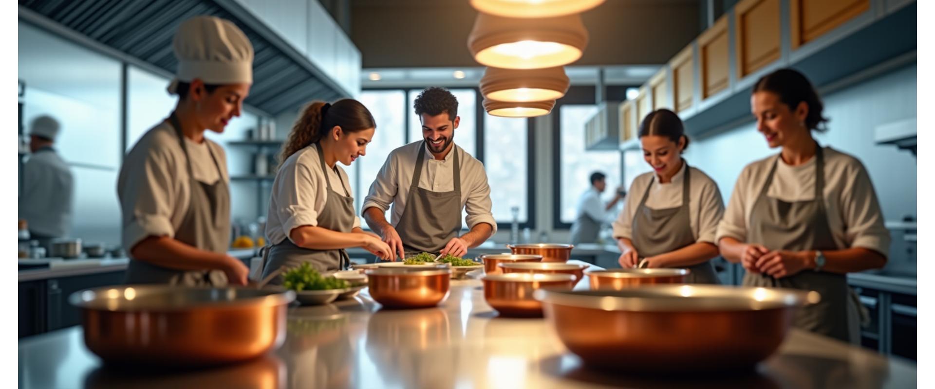 Spacious, modern professional kitchen with chefs demonstrating techniques