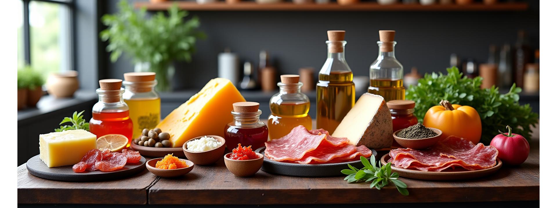 A bountiful display of artisanal food products: various aged cheeses, cured meats, jars of gourmet preserves, fine olive oils, and exotic spices, all artfully arranged on a rustic wooden table with soft, inviting light.